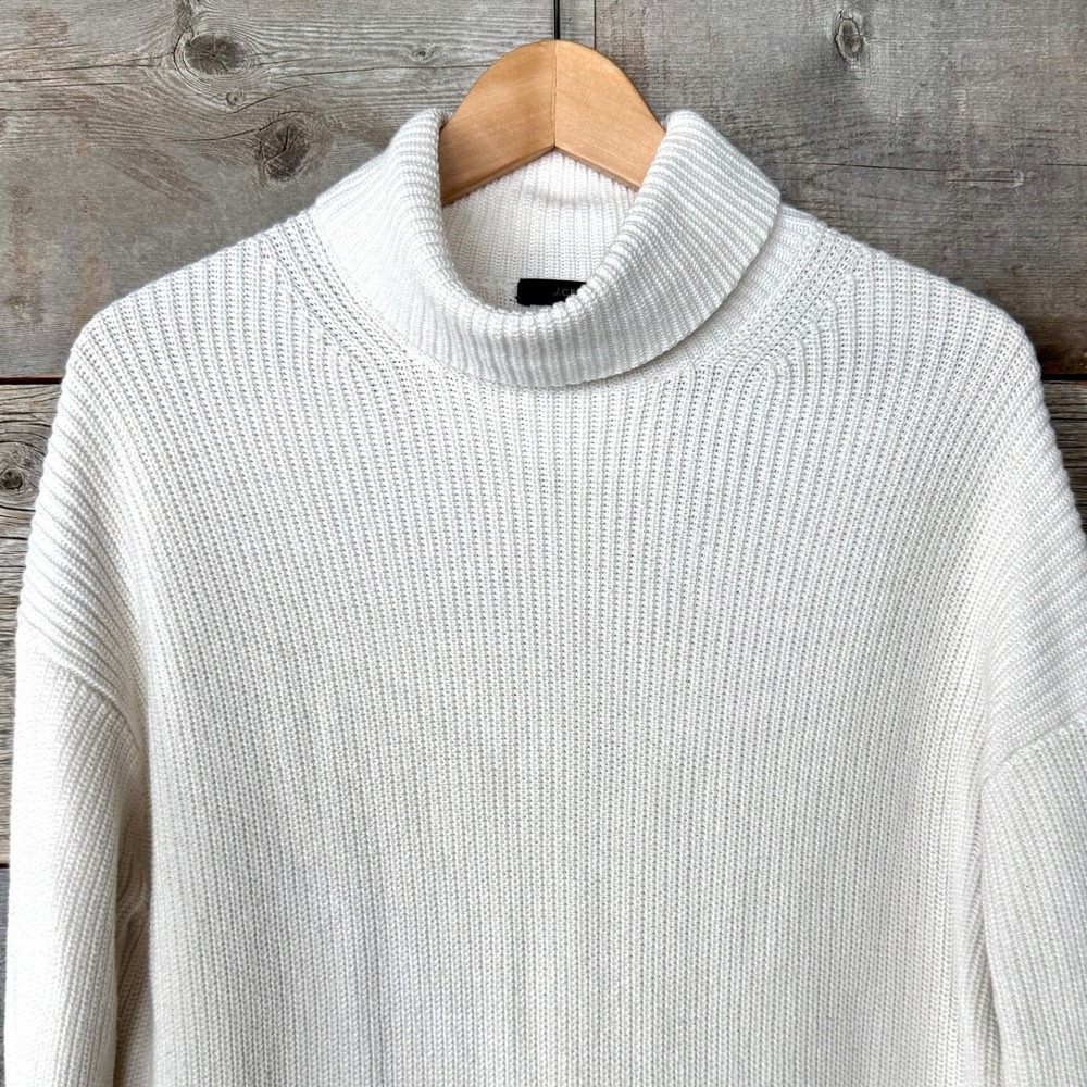 J. Crew Womens Cotton Cashmere Ribbed Turtleneck Sweater S Ivory Relaxed Spring‎ - Picture 2 of 13